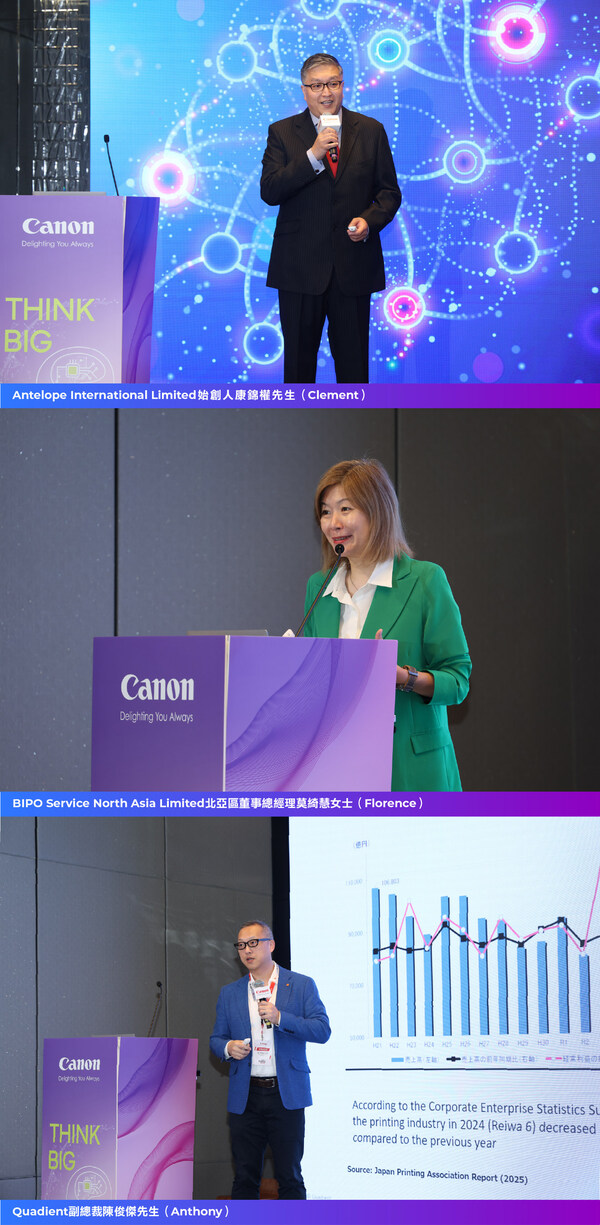 多名講者於研討會中分享真知灼見,包括(由上起)Antelope International Limited始創人康錦權先生探索代理式人工智能(Agentic AI)如何重塑未來商業模式;BIPO Service North Asia Limited北亞區董事總經理莫綺慧女士講解如何善用SaaS與自動化技術靈活適應人力市場轉型;及Quadient副總裁陳俊傑先生闡述統一多渠道溝通平台如何開發潛在客戶與提升客戶體驗。 多名講者於研討會中分享真知灼見,包括(由上起)Antelope International Limited始創人康錦權先生探索代理式人工智能(Agentic AI)如何重塑未來商業模式;BIPO Service North Asia Limited北亞區董事總經理莫綺慧女士講解如何善用SaaS與自動化技術靈活適應人力市場轉型;及Quadient副總裁陳俊傑先生闡述統一多渠道溝通平台如何開發潛在客戶與提升客戶體驗。