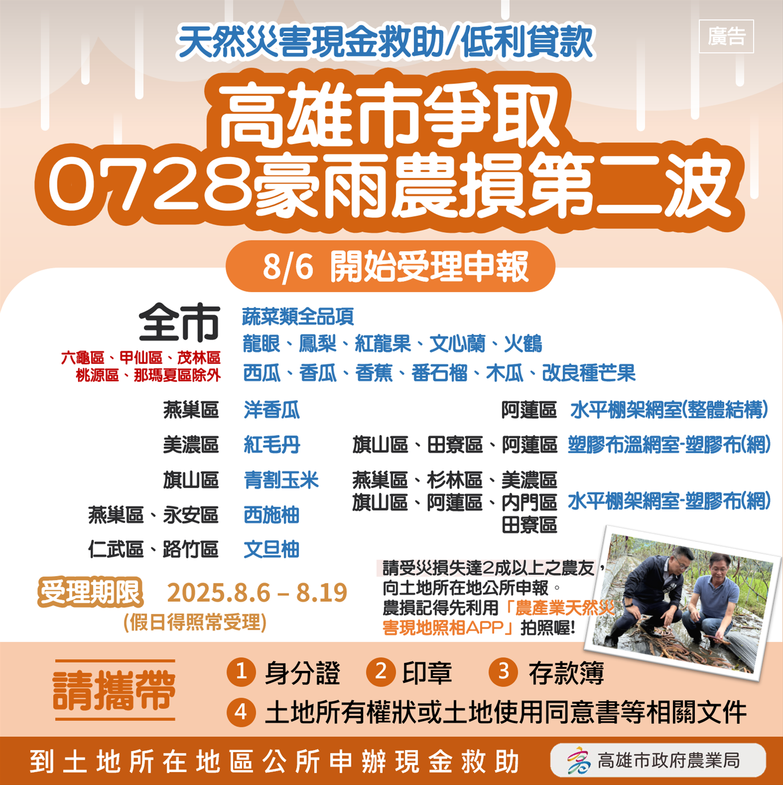 高雄市爭取0728豪雨致災第二波農損救助8/6起受理