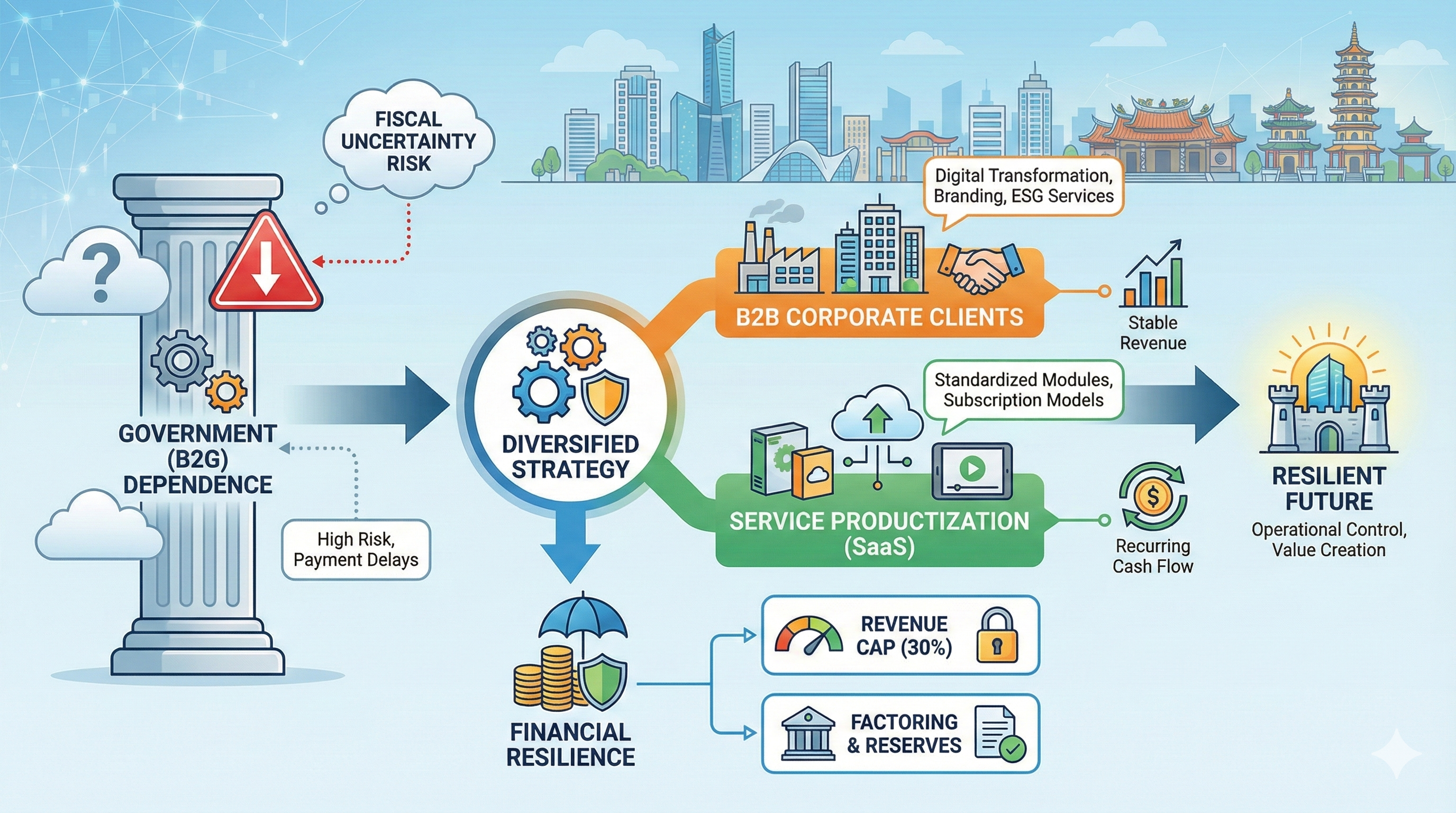 財政不確定性下的「B2G」策略：南台灣在地服務商如何分散「政府標案」的依賴風險？