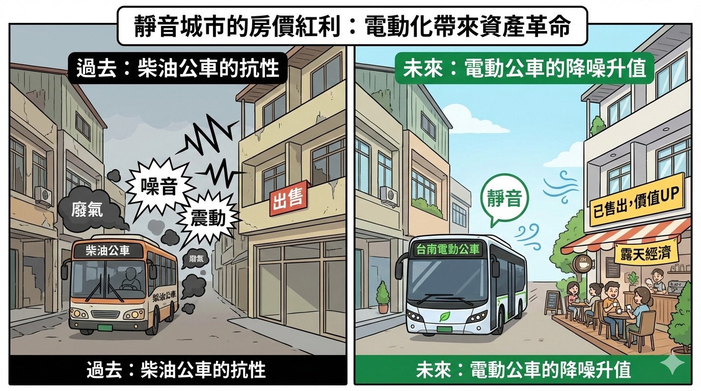 靜音城市的房價紅利：當電動公車取代柴油車，台南主要幹道沿線房……