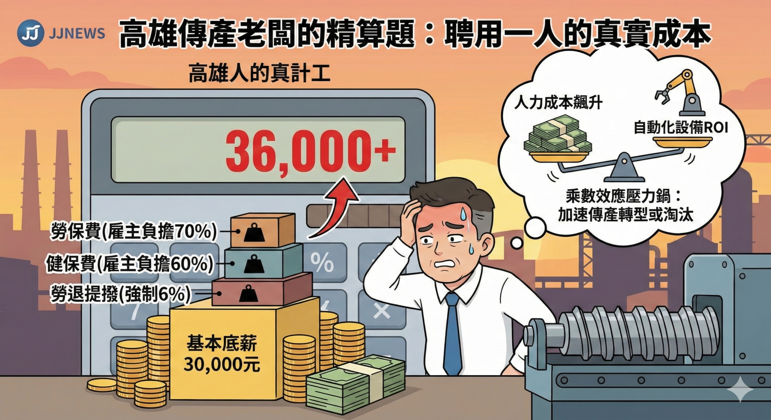 高雄傳產老闆的精算題：底薪破 3 萬，加上勞健保與勞退，聘一個人的真實成本是多少？