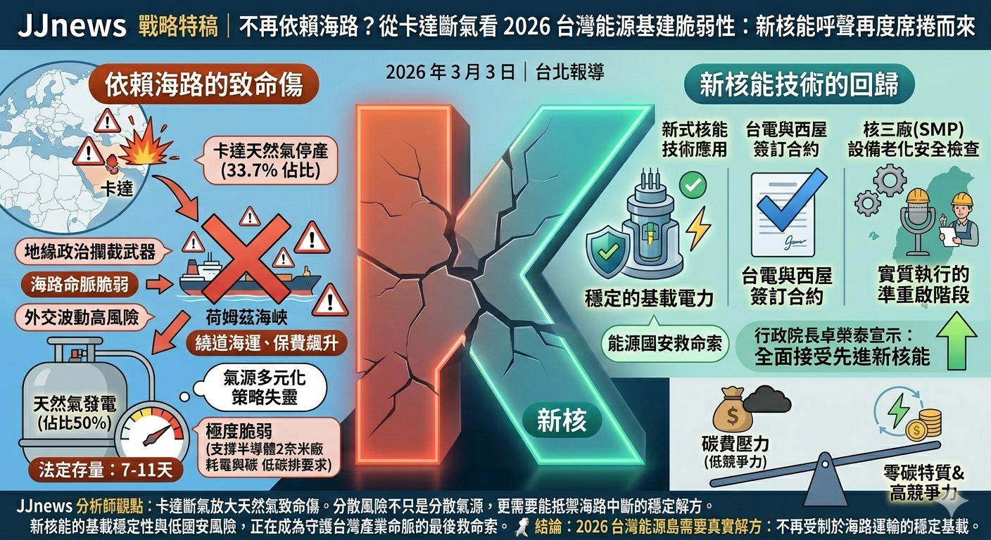 不再依賴海路?從卡達斷氣看 2026 台灣能源基建脆弱性:新核能呼……