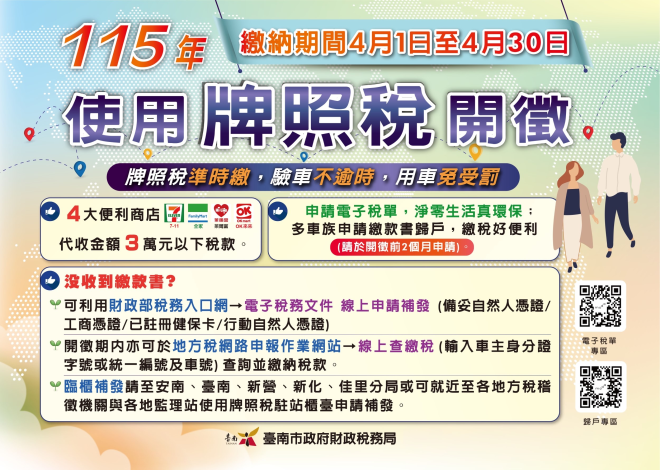 115年牌照稅4月1日開徵，多元管道繳納好便利，電...