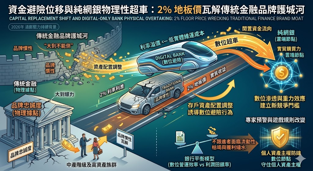 資金避險位移與純網銀物理性超車：2% 地板價瓦解傳統金融品牌護……
