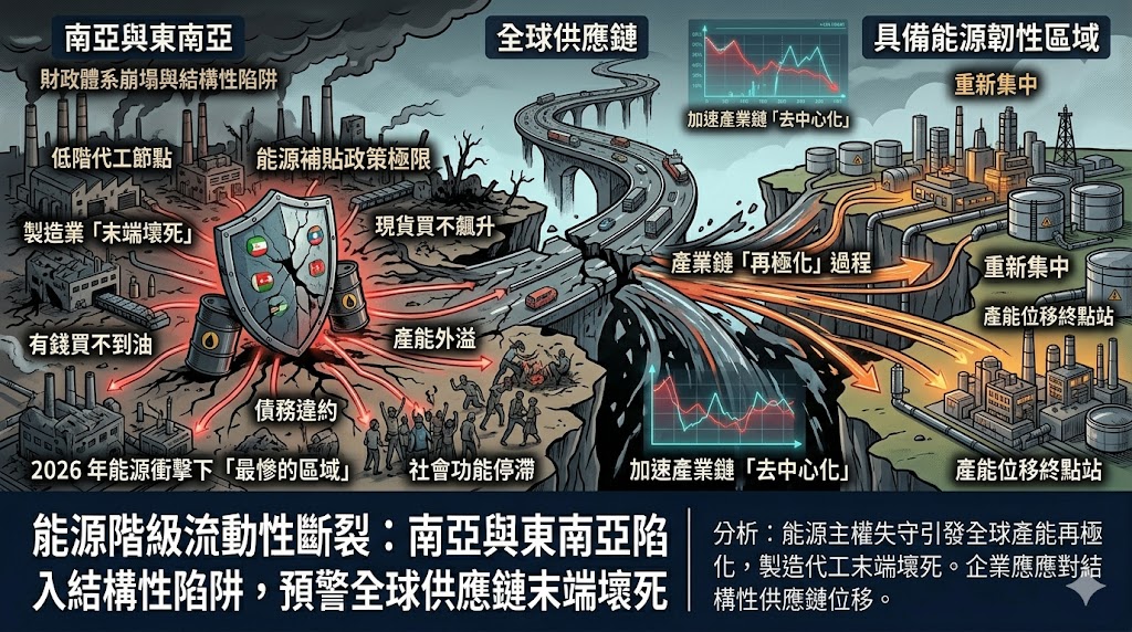 能源階級流動性斷裂：南亞與東南亞陷入結構性陷阱，預警全球供應……