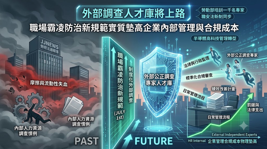 外部調查人才庫將上路，職場霸凌防治新規範實質墊高企業內部管理……