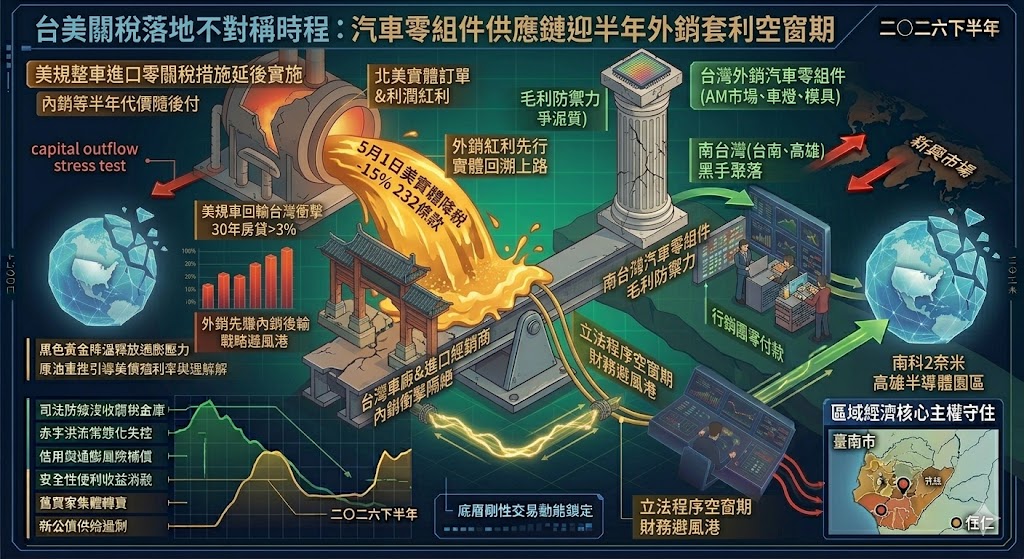 台美關稅步調不對稱釋放短期紅利，汽車供應鏈迎半年外銷套利空窗……