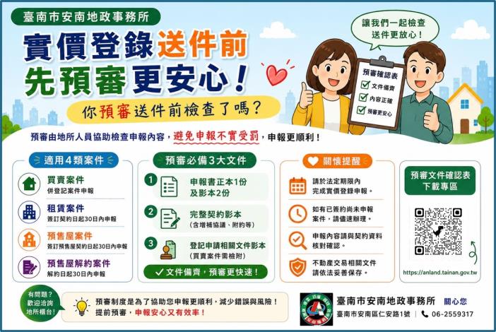 大型預售屋建案進入對保期　安南地政會同地政局主動輔導業者並宣……