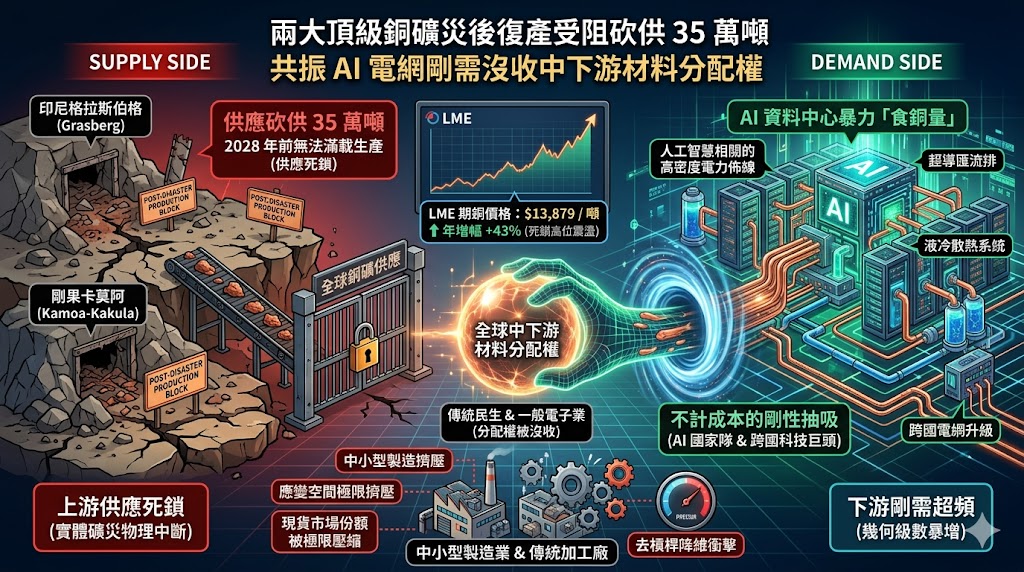 兩大頂級銅礦災後復產受阻砍供 35 萬噸，共振 AI 電網剛需沒收中……