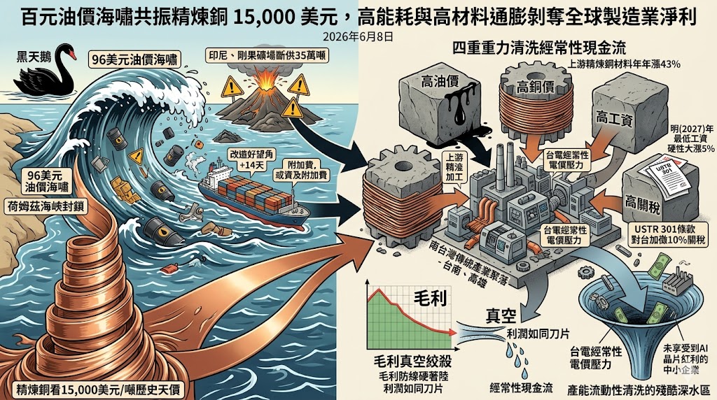 百元油價海嘯共振精煉銅 15,000 美元,高能耗與高材料通膨剝奪全……
