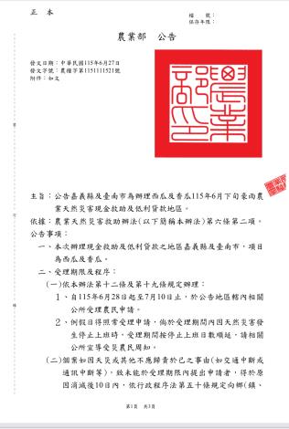 臺南市西瓜和香瓜受115年6月下旬豪雨災損， 自6月28日至7月10日……