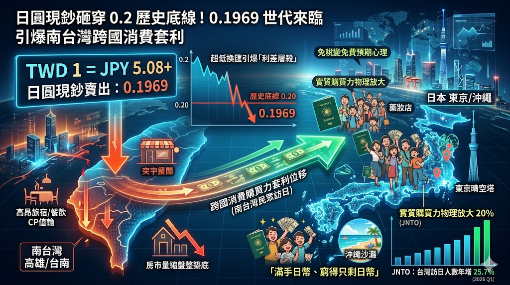 日圓現鈔砸穿 0.2 歷史底線至 0.1969，超低換匯引爆南台灣跨國消……