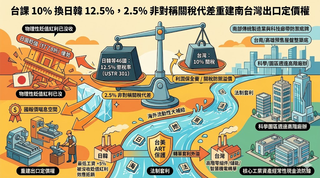 台課 10% 換日韓 12.5%，2.5% 非對稱關稅代差重建南台灣出口定價……