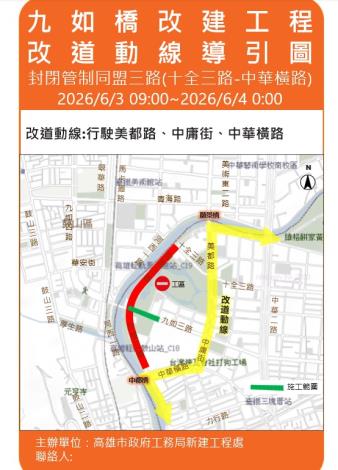 九如橋改建工程路面鋪設作業 同盟三路6月3日道路施工封閉1天