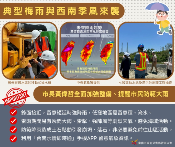 典型梅雨與西南季風來襲 市長黃偉哲要求全面加強整備、提醒市民……