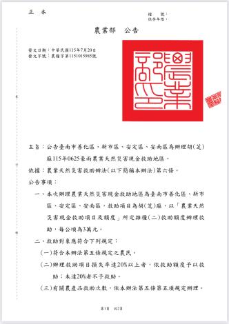 0625豪雨造成胡(芝)麻災損救助 新增善化區、新市區、安定區及安……