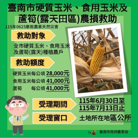 因應0625豪雨災情，農業部直接公告臺南市為硬質玉米、食用玉米及……