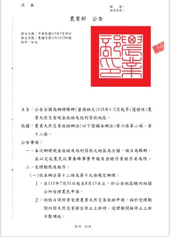 全國蜂群因乾旱蜜源缺乏受災 7月31日起受理現金救助及低利貸款申……