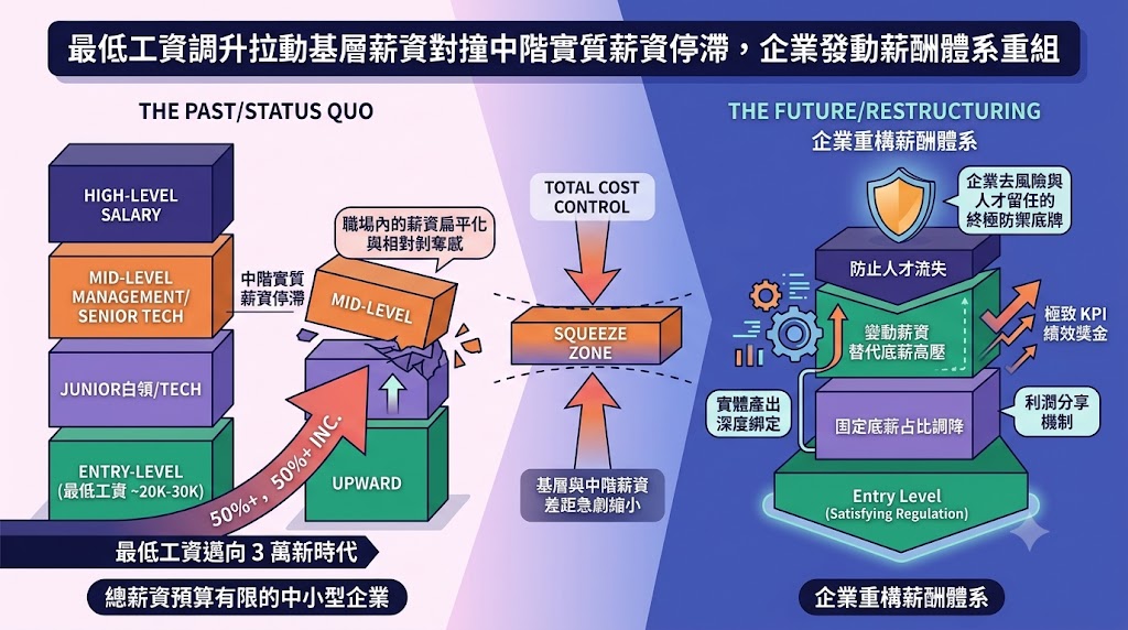 最低工資調升拉動基層薪資對撞中階實質薪資停滯，企業發動薪酬體……