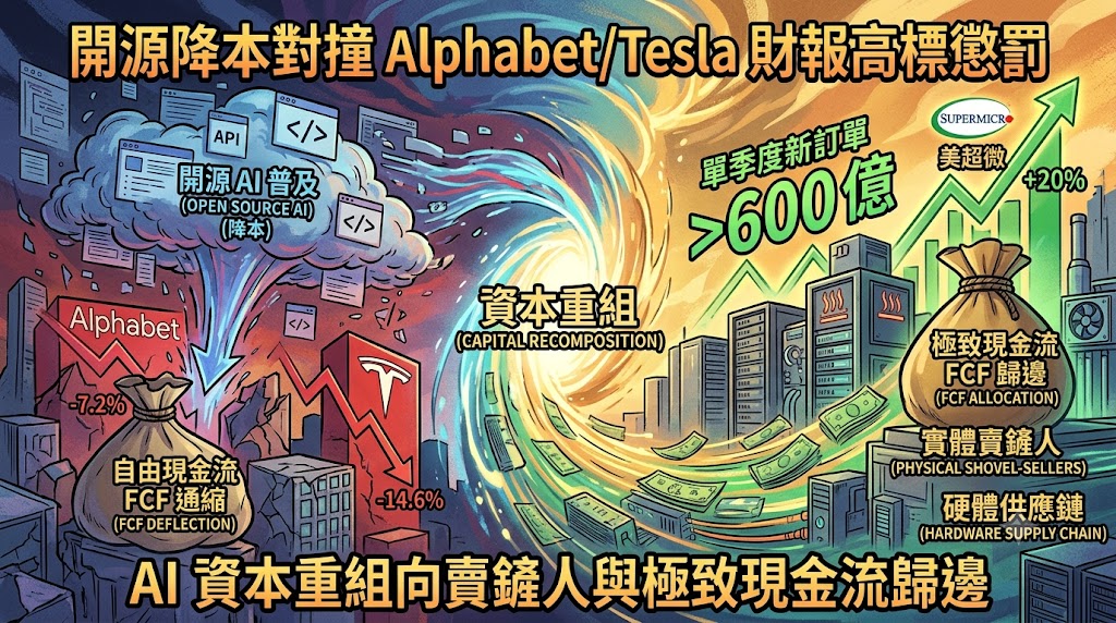 開源降本對撞 Alphabet/Tesla 財報高標懲罰，AI 資本重組向賣鏟……