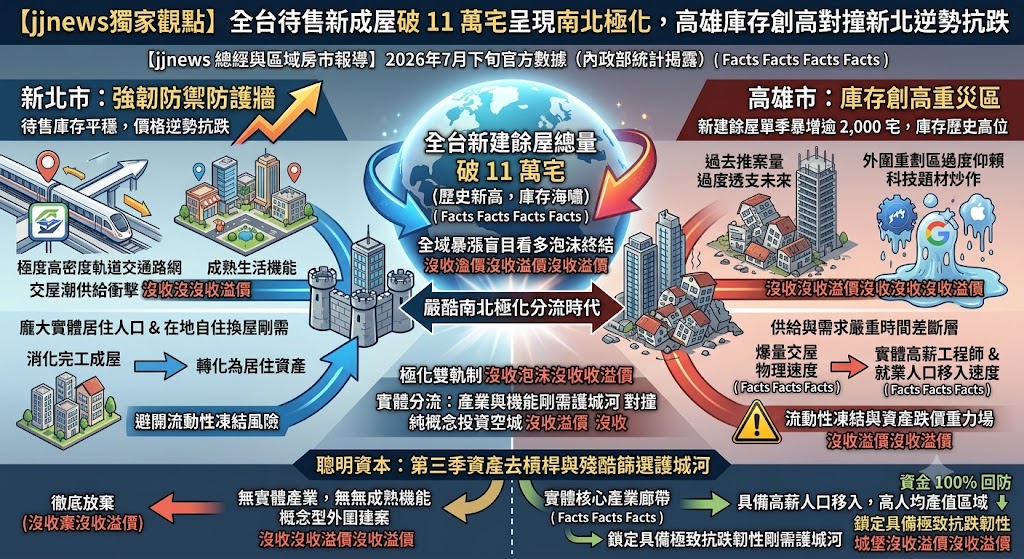 全台待售新成屋破 11 萬宅呈現南北極化，高雄庫存創高對撞新北逆……