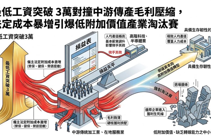 最低工資突破 3 萬對撞中游傳產毛利壓縮，法定成本暴增引爆低附……