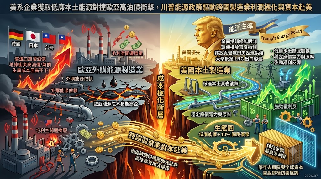 美系企業獲取低廉本土能源對撞歐亞高油價衝擊，川普能源政策驅動……