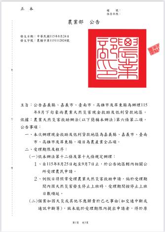 8月下旬豪雨造成農作物受損 臺南市農業天然災害現金救助8月25日……