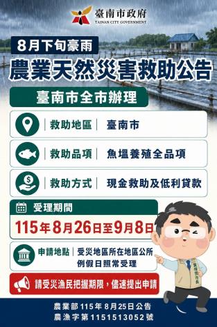 8月下旬豪雨造成魚塭養殖受損 臺南市魚塭養殖全品項農業天然災……