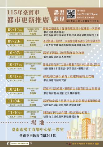 臺南市都更推廣講習課程9月起至11月登場 8場課程協助市民掌握都……
