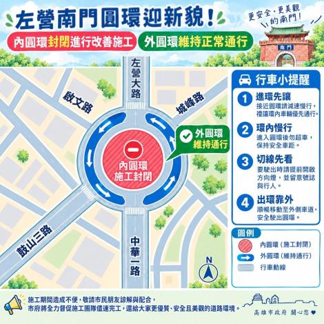 左營南門圓環迎新貌! 內圓環封閉施工,外圓環正常通行!