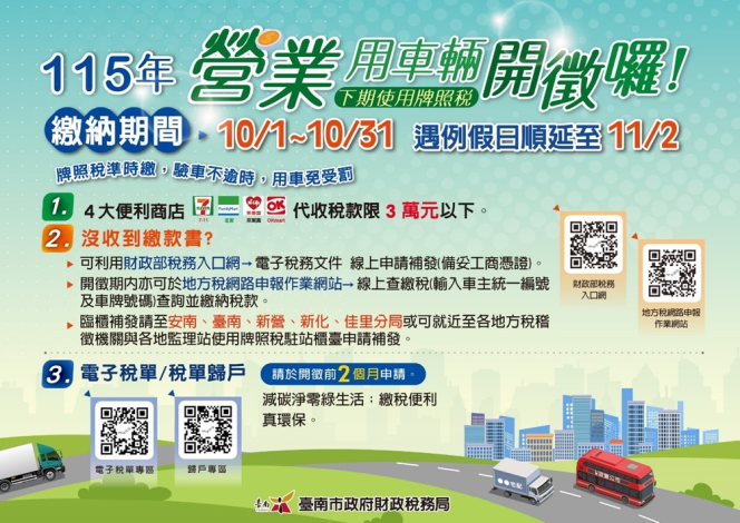 115年營業車牌照稅10/1開徵,多元便利管道輕鬆繳稅