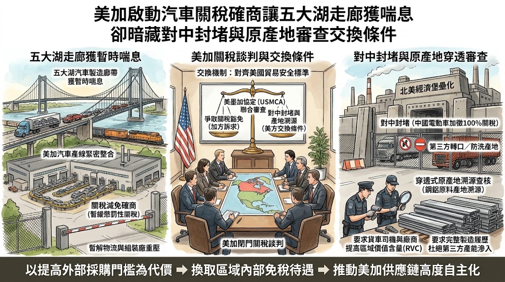 美加啟動汽車關稅磋商讓五大湖走廊獲喘息卻暗藏對中封堵與原產地……