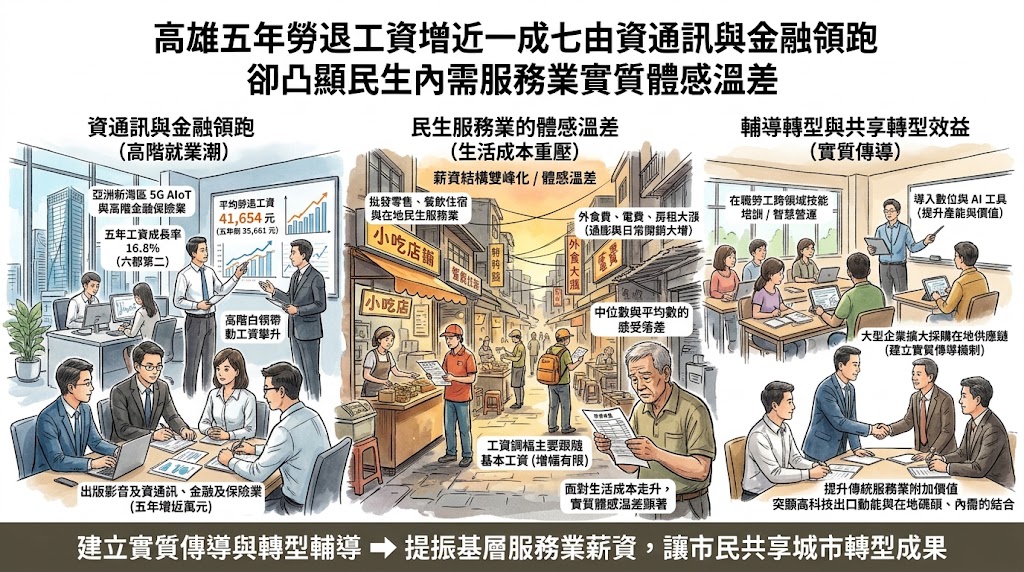 高雄五年勞退工資增近一成七由資通訊與金融領跑卻凸顯民生內需服……