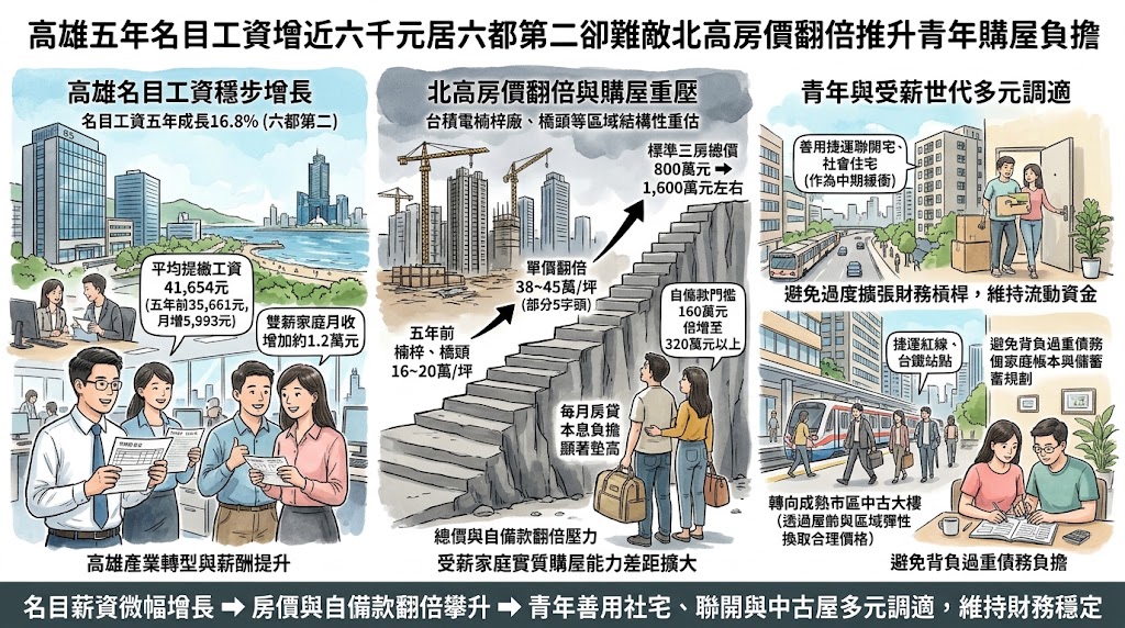 高雄五年名目工資增近六千元居六都第二卻難敵北高房價翻倍推升青……
