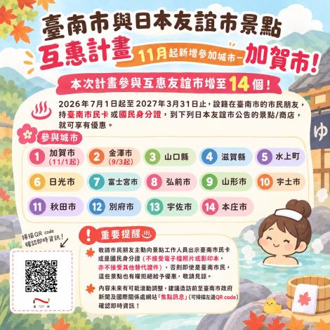 台南與日本友誼市景點互惠計畫再加一！加賀市推5方案...