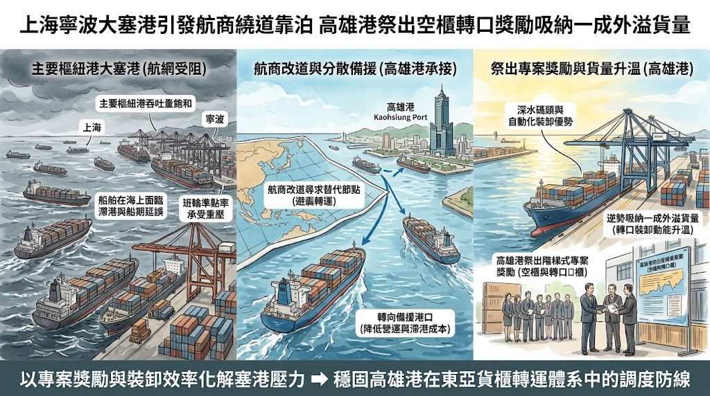 上海寧波大塞港引發航商繞道靠泊高雄港祭出空櫃轉口獎勵吸納一成……