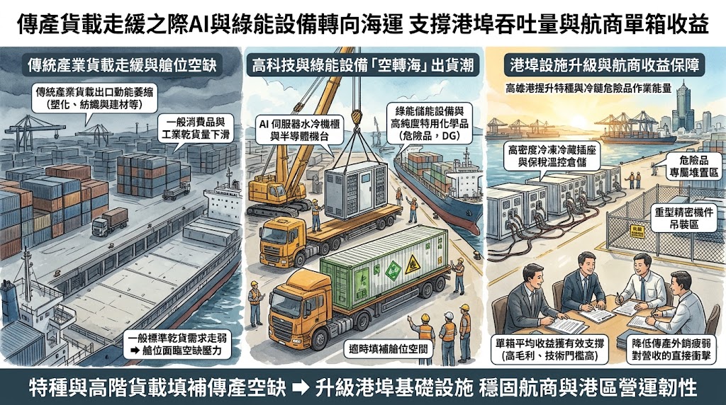 傳產貨載走緩之際AI與綠能設備轉向海運支撐港埠吞吐量與航商單箱……
