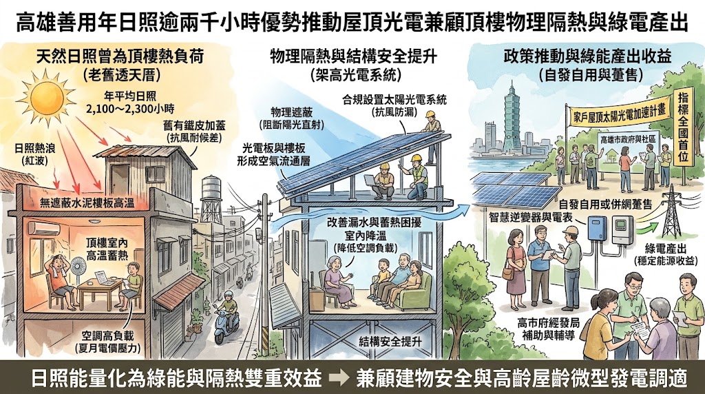 高雄善用年日照逾兩千小時優勢推動屋頂光電兼顧頂樓物理隔熱與綠……