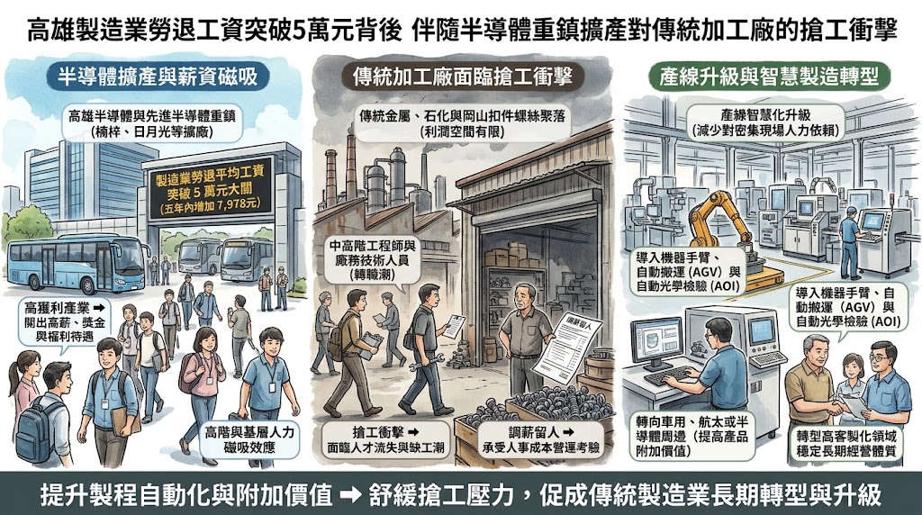 高雄製造業勞退工資突破5萬元背後伴隨半導體重鎮擴產對傳統加工……